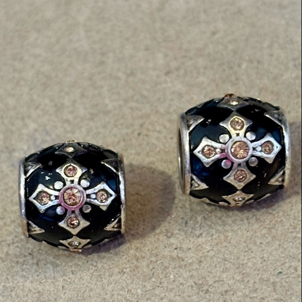 Two Brighton Onyx Cross beads Silver crosses Black enamel Gold crystals Retired